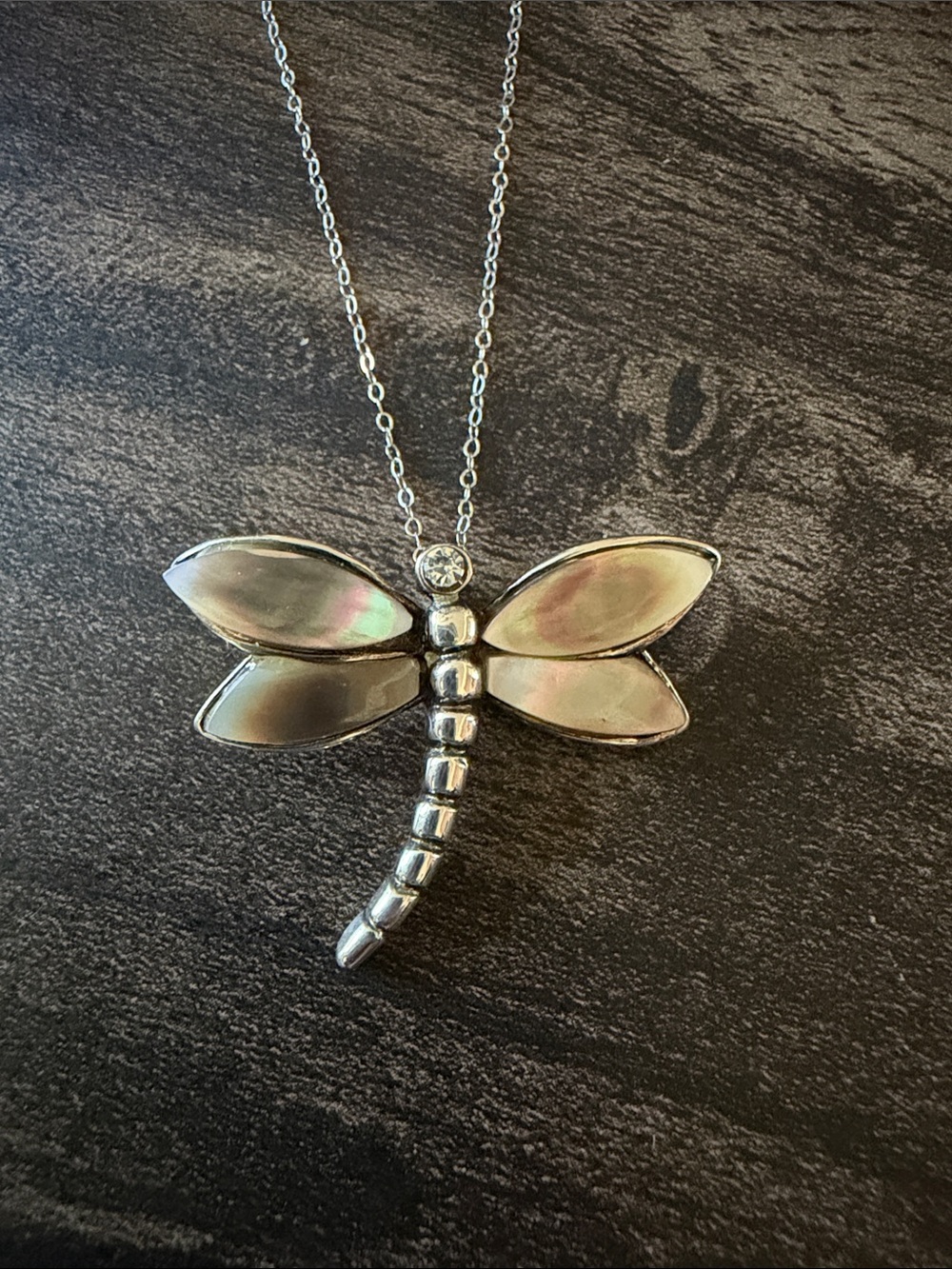 Vintage 925 Sterling Silver Mother of Pearl Dragonfly Pendant Necklace.
